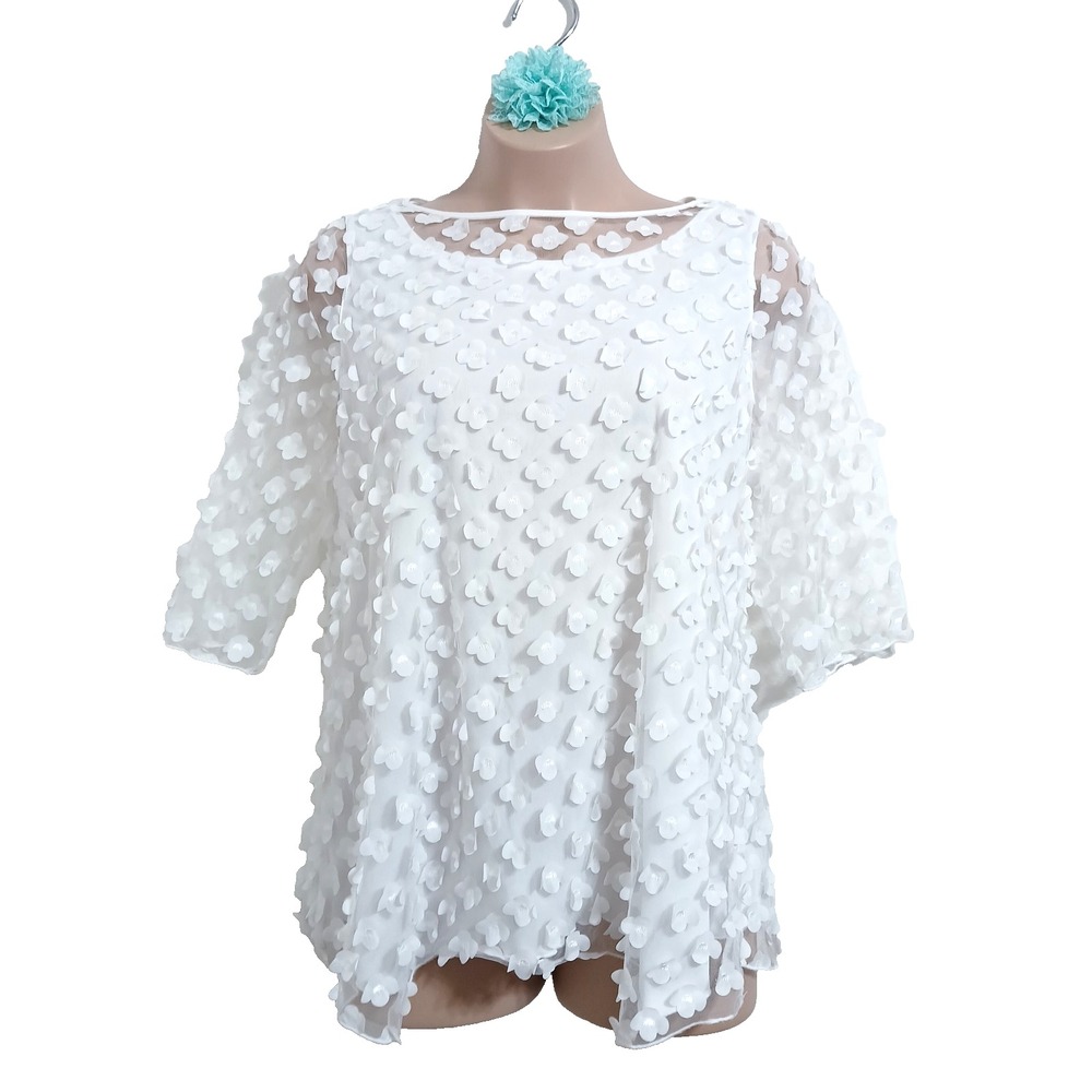 IC By Connie K Women Top XXL White Floral Mesh Artsy Garden Party SharkBite